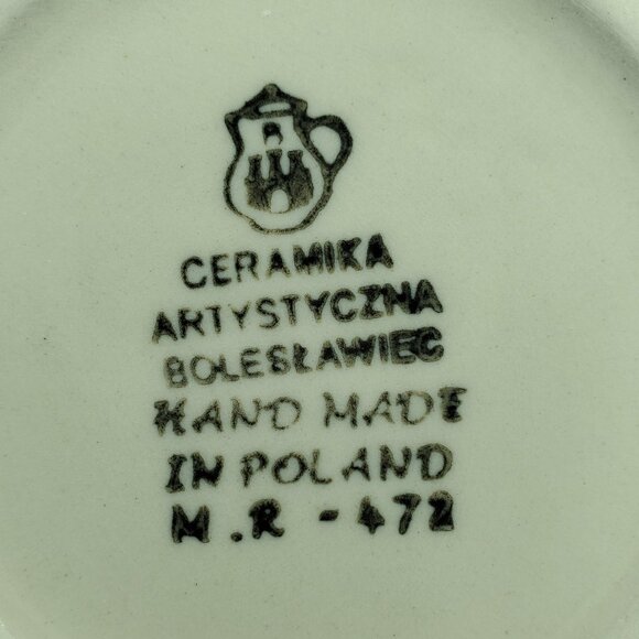 Polish Pottery Loop Handle Bowl Blue Flowers Green Ivy Handled Soup Chili Mug - Picture 7 of 8